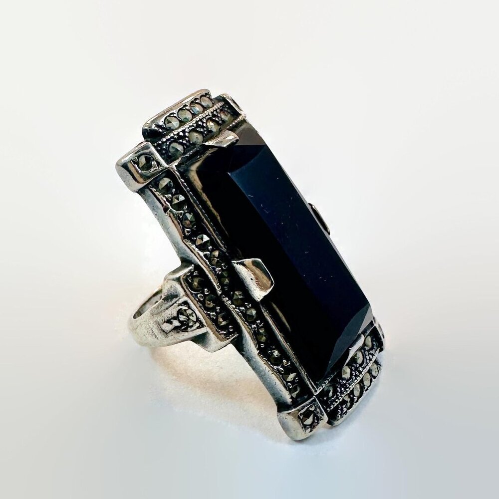 Art Deco Ring, Sterling Silver, Marcasite, Black Stone, Vintage, Antique, Long - Picture 2 of 5